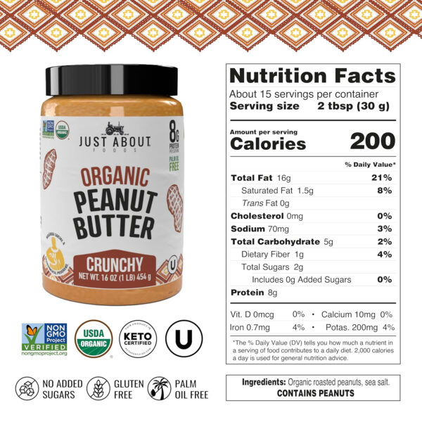 Just About Foods Organic & Keto Peanut Butter Crunchy 1 lb Gluten-Free, No Sugar Added, Palm Oil Free Single Ingredient, Unsweetened Peanut Spread