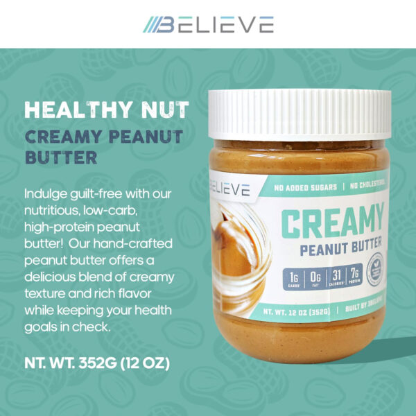 3Believe - Healthy Nut Creamy Peanut Butter - Low Carb, High Protein, Fat-Free, Double Roasted, Ideal for Spreading, Smoothies & Snacking - 12 oz