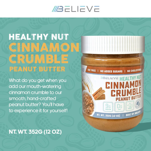 3Believe - Healthy Nut Creamy Peanut Butter - Low Carb, High Protein, Fat-Free, Double Roasted, Ideal for Spreading, Smoothies & Snacking - 12 oz