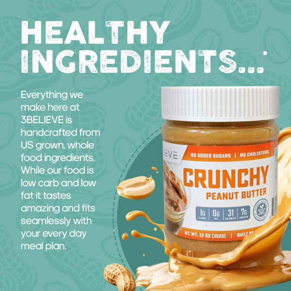 3Believe - Healthy Nut Creamy Peanut Butter - Low Carb, High Protein, Fat-Free, Double Roasted, Ideal for Spreading, Smoothies & Snacking - 12 oz