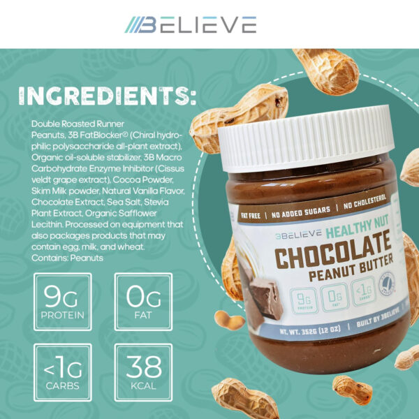 3Believe - Healthy Nut Creamy Peanut Butter - Low Carb, High Protein, Fat-Free, Double Roasted, Ideal for Spreading, Smoothies & Snacking - 12 oz