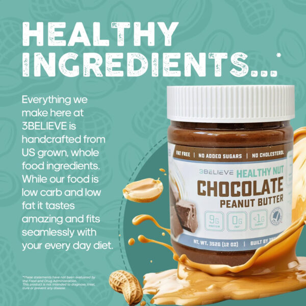 3Believe - Healthy Nut Creamy Peanut Butter - Low Carb, High Protein, Fat-Free, Double Roasted, Ideal for Spreading, Smoothies & Snacking - 12 oz