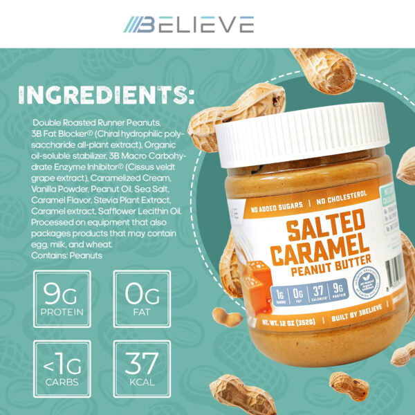 3Believe - Healthy Nut Creamy Peanut Butter - Low Carb, High Protein, Fat-Free, Double Roasted, Ideal for Spreading, Smoothies & Snacking - 12 oz