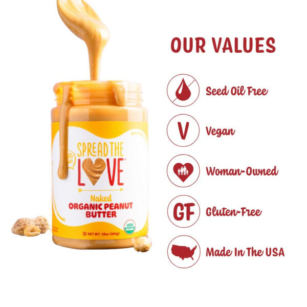 Spread The Love NAKED Organic Peanut Butter, 16 Ounce (Organic, All Natural, Vegan, Gluten-free, Creamy, Dry-Roasted, No added salt, No added sugar, No palm oil) (1-Pack)