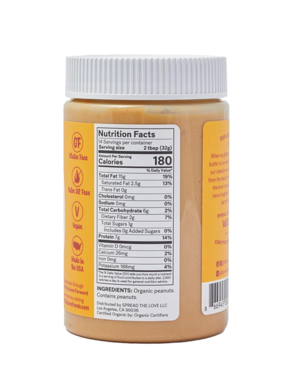 Spread The Love NAKED Organic Peanut Butter, 16 Ounce (Organic, All Natural, Vegan, Gluten-free, Creamy, Dry-Roasted, No added salt, No added sugar, No palm oil) (1-Pack)