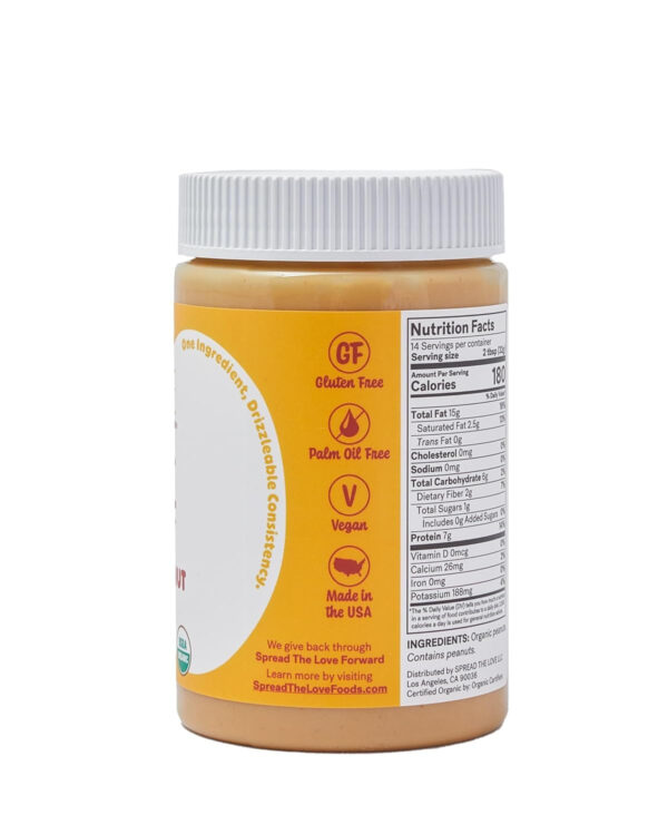 Spread The Love NAKED Organic Peanut Butter, 16 Ounce (Organic, All Natural, Vegan, Gluten-free, Creamy, Dry-Roasted, No added salt, No added sugar, No palm oil) (1-Pack)