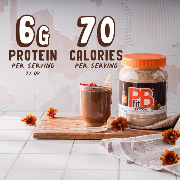 68937448bb2e640fd81ef4b09ea28c35ded9e0d6d9fab48a30230.jpg PBfit 30 Ounce Peanut Butter Powder Chocolate Flavor, Cocoa Powdered Peanut Butter Spread From Real Roasted Peanuts and Cocoa, 6g of Protein 7% DV, Gluten-Free, 70 calories, 88% less fat (Pack of 1)
