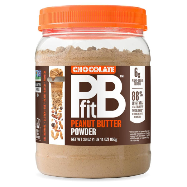 6893744f20ec96ce0e4589d16eec1c4ba8077757a557cb2cbfa9f.jpg PBfit 30 Ounce Peanut Butter Powder Chocolate Flavor, Cocoa Powdered Peanut Butter Spread From Real Roasted Peanuts and Cocoa, 6g of Protein 7% DV, Gluten-Free, 70 calories, 88% less fat (Pack of 1)