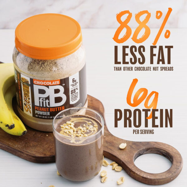 68937451a248715d1825d287ec3d71db301e3b9f1715b6cdbd36f.jpg PBfit 30 Ounce Peanut Butter Powder Chocolate Flavor, Cocoa Powdered Peanut Butter Spread From Real Roasted Peanuts and Cocoa, 6g of Protein 7% DV, Gluten-Free, 70 calories, 88% less fat (Pack of 1)