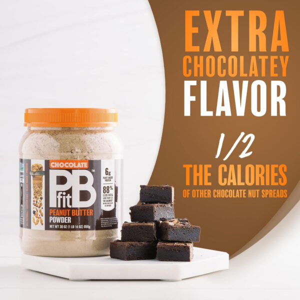 68937453ee3c87f57cab4240bda8136330e2e333dbf4fb85fed77.jpg PBfit 30 Ounce Peanut Butter Powder Chocolate Flavor, Cocoa Powdered Peanut Butter Spread From Real Roasted Peanuts and Cocoa, 6g of Protein 7% DV, Gluten-Free, 70 calories, 88% less fat (Pack of 1)