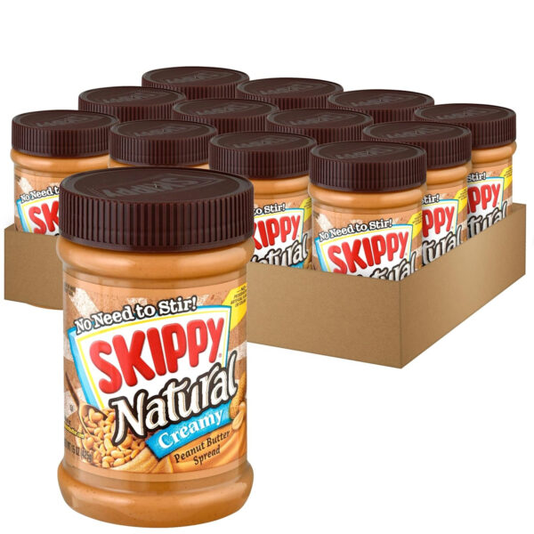 6893747859a232c1a78ae1088670b874966462d197480b1cf16d1.jpg SKIPPY Natural Peanut Butter Spread, Creamy, 7 g protein per serving, 15 oz. (12 Pack)