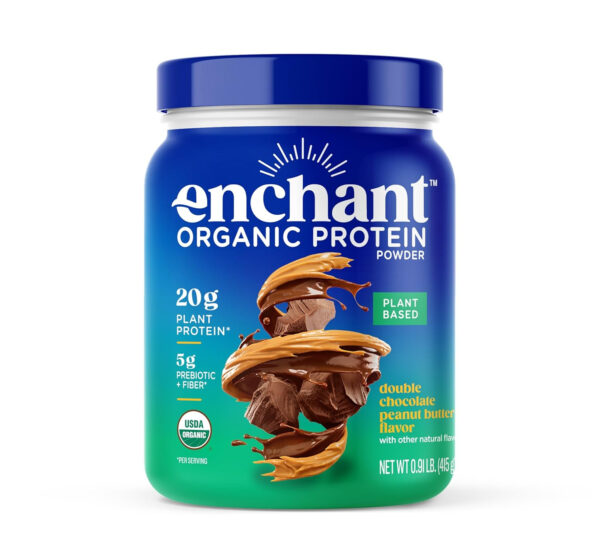 689374a55c3c530878adc7f4c88b6b261afd52408d4d5a9638b02.jpg Enchant Organic Protein Powder, Double Chocolate Peanut Butter flavor – 20g Plant Protein sourced from North American Farms, 5g Prebiotic + fiber, USDA Organic, Non-GMO, Plant-based, Non-Dairy, Vegan, 0.91 lb