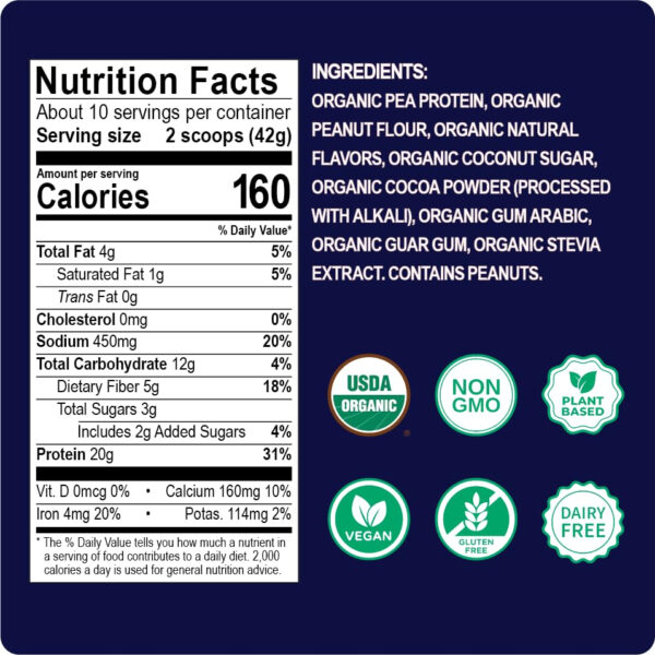 689374a6723ca7cbb231f3b90c5cdc01674f9a0d073b2273e2695.jpg Enchant Organic Protein Powder, Double Chocolate Peanut Butter flavor – 20g Plant Protein sourced from North American Farms, 5g Prebiotic + fiber, USDA Organic, Non-GMO, Plant-based, Non-Dairy, Vegan, 0.91 lb