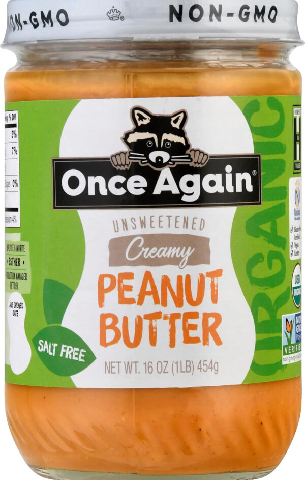 689374bc33446e0d06523edd3a81f72e11eadfa90ee53e0b60cb2.jpg Once Again Organic Creamy Peanut Butter, 16oz - Salt Free, Unsweetened - USDA Organic, Gluten Free Certified, Vegan, Kosher - Glass Jar