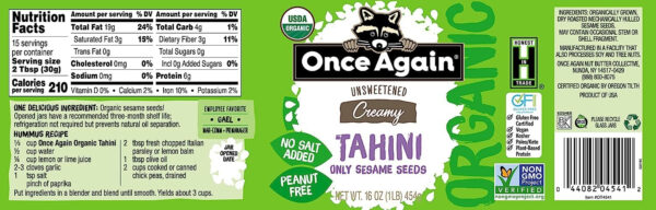 689374c3543864cb9c613761c047d5cdeb6ce52d2c18d9a508b5e.jpg Once Again Organic Creamy Peanut Butter, 16oz - Salt Free, Unsweetened - USDA Organic, Gluten Free Certified, Vegan, Kosher - Glass Jar