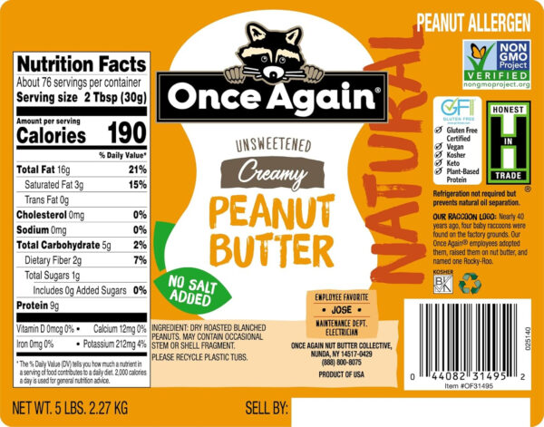 Once Again Natural, Creamy Peanut Butter, 5lb Pantry Pal (same as 5 jars)- Salt Free, Unsweetened - Gluten Free Certified, Vegan, Kosher, Non-GMO Verified