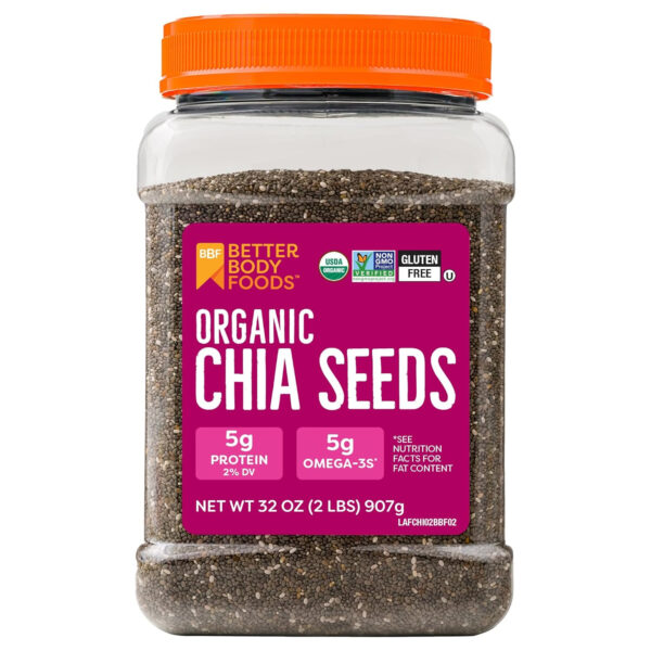 BetterBody Foods Organic Chia Seeds 2 lbs, 32 Oz, with Omega-3, Non-GMO, Gluten Free, Keto Diet Friendly, Vegan, Good Source of Fiber