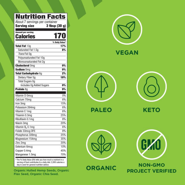Manitoba Harvest Organic Hemp and Chia and Flax, 7 oz, 8g Plant Based Protein, 5g of Fiber per Serving, Vegan, Keto, Paleo, Omega 3 & 6, Superseed Blend for Smoothies, Baking