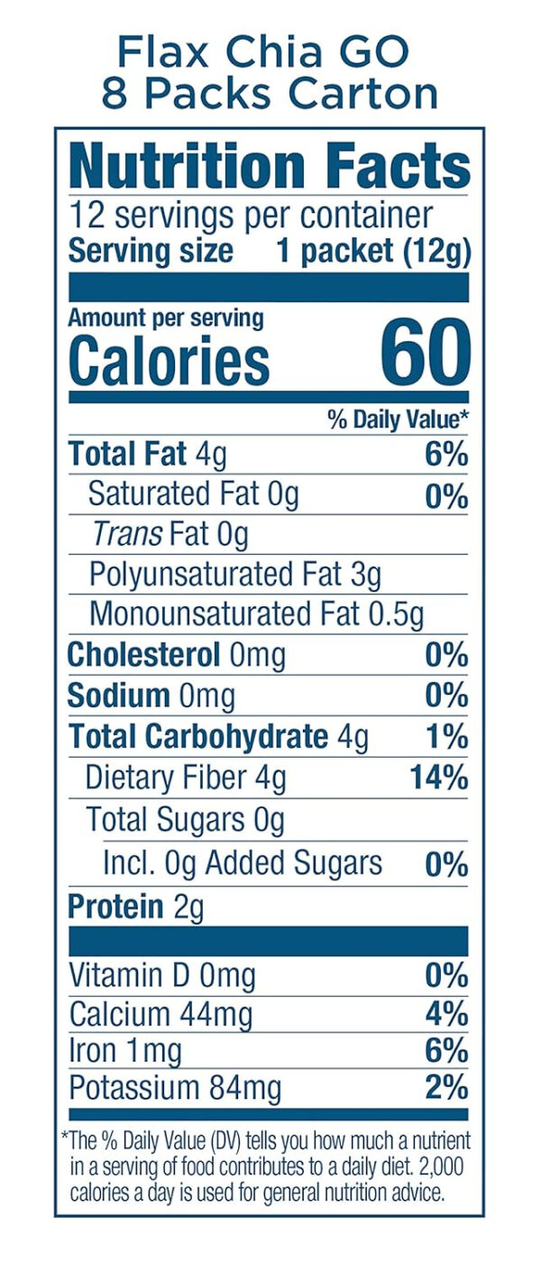 68937942ea2570777e85fd8110cc53710c94ccebd71fe93cff90e.jpg Carrington Farms Organic Flax Chia Packs, 0.4 Ounce (Pack of 12), Gluten-Free, Ready-to-Eat, Omega-3 & Fiber Rich, Non-GMO, Perfect for Smoothies, Oatmeal, Salads, High in Protein