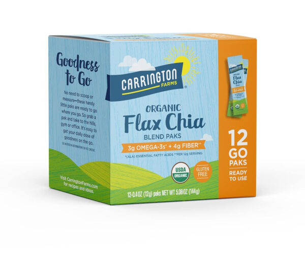 68937944c29b35550702e044b935c309455482cbc28b5ae80bad8.jpg Carrington Farms Organic Flax Chia Packs, 0.4 Ounce (Pack of 12), Gluten-Free, Ready-to-Eat, Omega-3 & Fiber Rich, Non-GMO, Perfect for Smoothies, Oatmeal, Salads, High in Protein