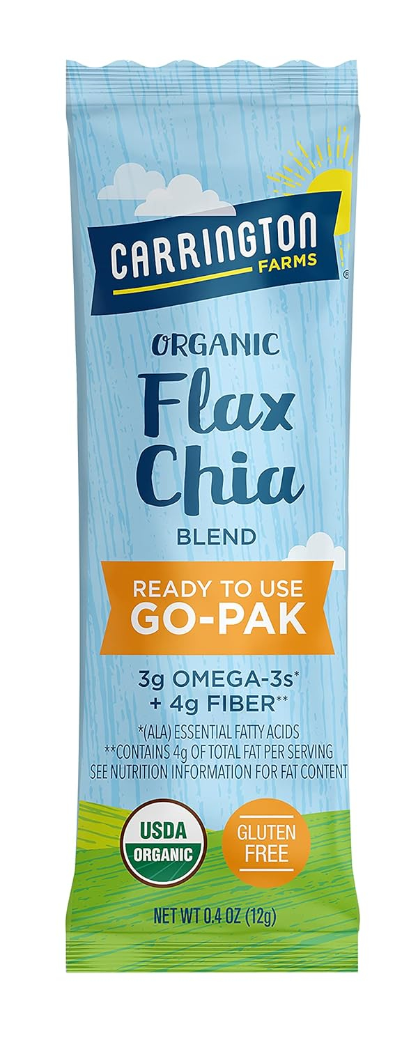 68937946f014fdd386b2beffc2dd302b0fc031d950e9d3c2a1eab.jpg Carrington Farms Organic Flax Chia Packs, 0.4 Ounce (Pack of 12), Gluten-Free, Ready-to-Eat, Omega-3 & Fiber Rich, Non-GMO, Perfect for Smoothies, Oatmeal, Salads, High in Protein