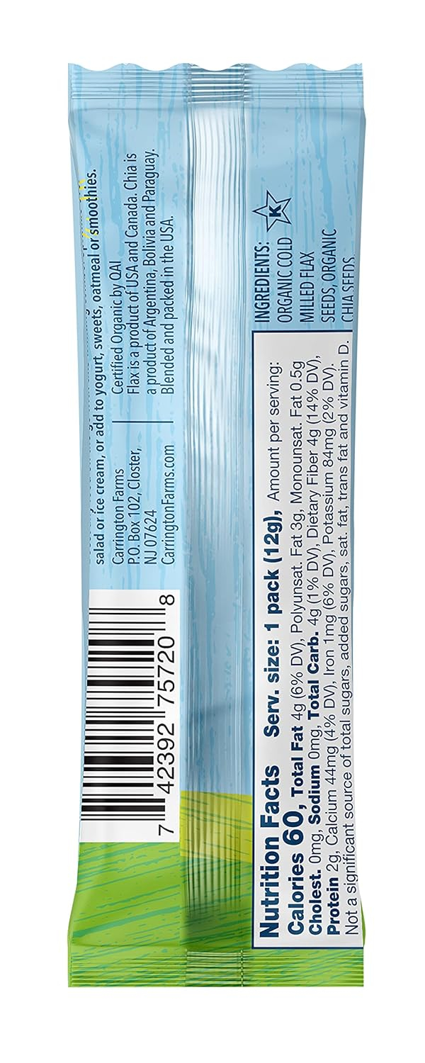 68937947cab177d850ceefd7557c9a69b2b965eb160f9d37d3f22.jpg Carrington Farms Organic Flax Chia Packs, 0.4 Ounce (Pack of 12), Gluten-Free, Ready-to-Eat, Omega-3 & Fiber Rich, Non-GMO, Perfect for Smoothies, Oatmeal, Salads, High in Protein