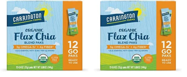 689379488c3400b834627d77aac11679dc137dfda75013cc9ebaf.jpg Carrington Farms Organic Flax Chia Packs, 0.4 Ounce (Pack of 12), Gluten-Free, Ready-to-Eat, Omega-3 & Fiber Rich, Non-GMO, Perfect for Smoothies, Oatmeal, Salads, High in Protein