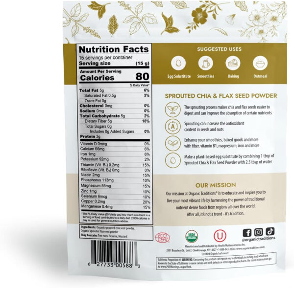 6893798fc2115e4c3ceec3b1de0cc9eb2503cf87ad6108dab1307.jpg Organic Traditions Sprouted Chia Seeds and Flax Seed Powder, Non-GMO Superfood, 227g/8oz Bag