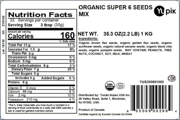 689379a7a3c891bb4fc178df9c77abc0c1bfeea2efec57d5e6d30.jpg Yupik Organic Super 6 Seeds Mix, 2.2 lb (35.2 oz), GMO-Free, Kosher, Vegan, Rich in Fiber, Nutritious Raw Snack & Topping, With Brown & Golden Flax Seeds, Sunflower, Sesame, Chia & Pumpkin Seeds