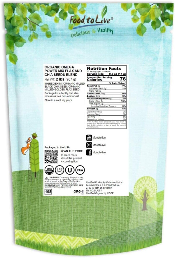 Food to Live Organic Omega Power Flax and Chia Seeds Blend, 2 Pounds Cold-Milled from Whole Seeds, Non-GMO, Vegan, Kosher, Bulk. Rich in Omega 3 Fatty Acids. Perfect for Smoothies and Shakes