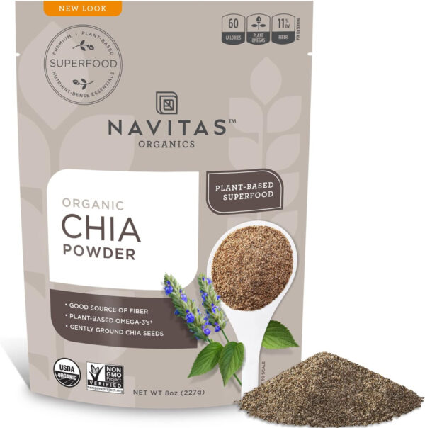 Navitas Organics Chia Seeds – For Chia Pudding, Smoothies, Baking, Salads & More – Omega 3, Fiber, Minerals - USDA Organic, Non GMO, Kosher, Gluten Free, Keto (8oz. Bag, 8 Servings)