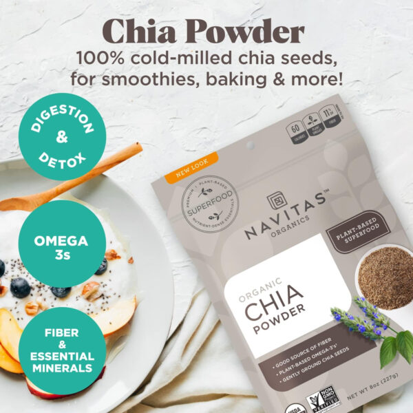Navitas Organics Chia Seeds – For Chia Pudding, Smoothies, Baking, Salads & More – Omega 3, Fiber, Minerals - USDA Organic, Non GMO, Kosher, Gluten Free, Keto (8oz. Bag, 8 Servings)