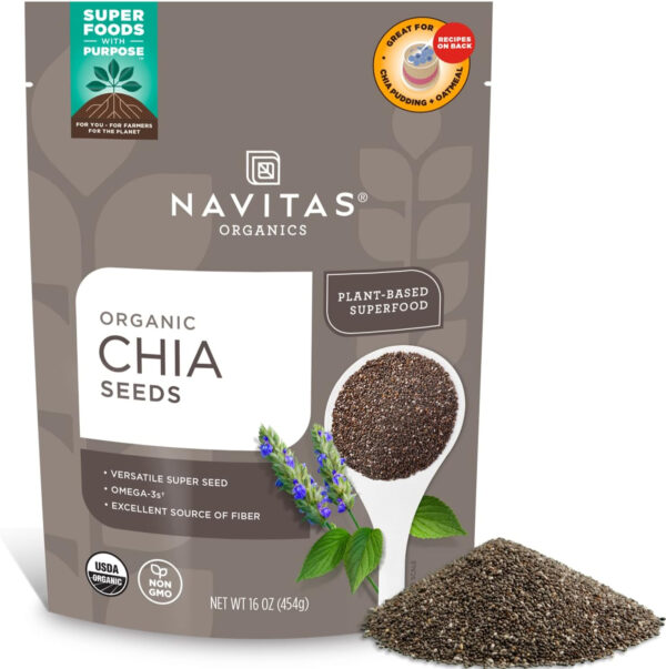 Navitas Organics Chia Seeds – For Chia Pudding, Smoothies, Baking, Salads & More – Omega 3, Fiber, Minerals - USDA Organic, Non GMO, Kosher, Gluten Free, Keto (8oz. Bag, 8 Servings)