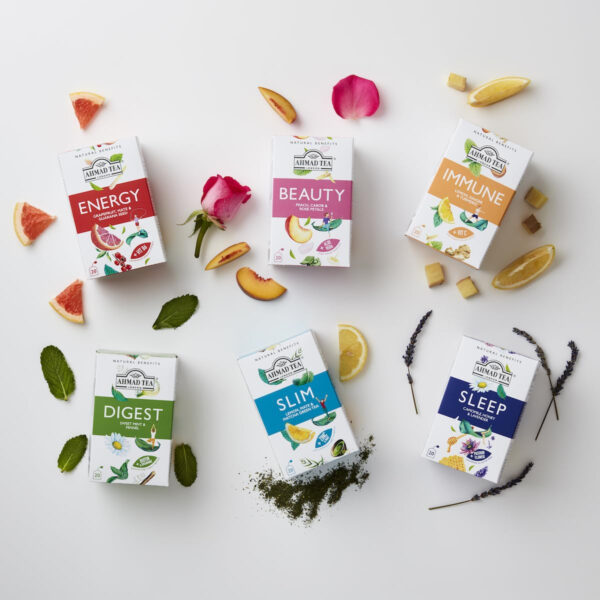 Ahmad Tea Natural Benefit Functional Tea Selection Pack | Green teas, Fruit & Herbal Infusions | Perfect herbal tea gift - 60 Teabag Sachets | 6 blends