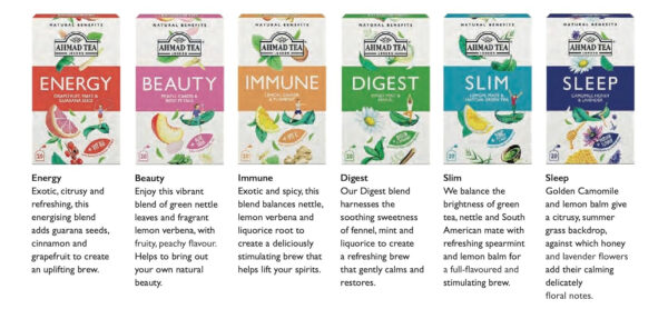 Ahmad Tea Natural Benefit Functional Tea Selection Pack | Green teas, Fruit & Herbal Infusions | Perfect herbal tea gift - 60 Teabag Sachets | 6 blends
