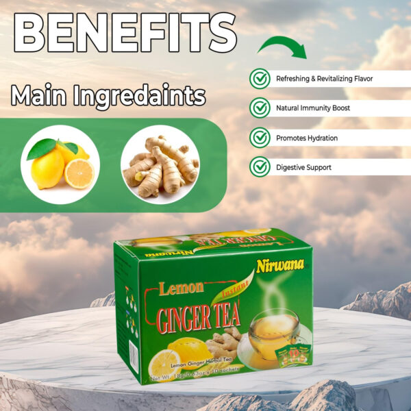 Nirwana Lemon Ginger Tea 10 Sachets – Refreshing Herbal Blend with Ginger, Lemon, Honey and Green Tea | Digestive Support, Immune Boost, and Relaxation | Perfect Tea Gift Set and Holiday Gift Baskets