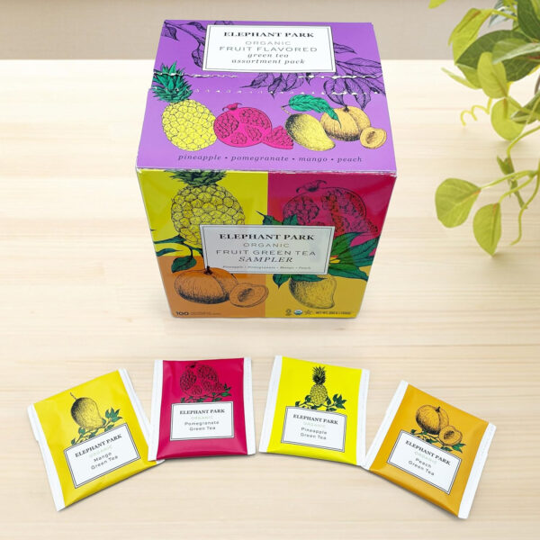 Premium Organic Fruit Green Tea Sampler, 100 Count Assorted Tea Bags, Caffeinated & Herbal Variety Pack Pineapple, Pomegranate, Mango, Peach Flavors