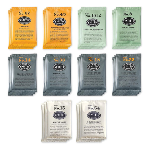 Steven Smith Teamaker Amazon Exclusive Variety Pack Sampler, 10 Flavors of Black, Green, Herbal Tea, Sugar-Free, Sustainably Grown, Full Leaf, Plant Based Tea Bags, 30 Sachets, 0.78oz each