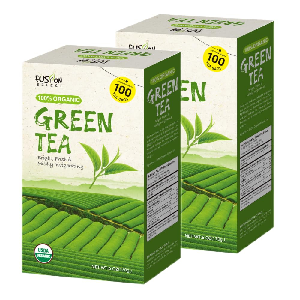 Fusion Select 200 Counts Organic Green Tea - Fresh Herbal Drink with Mild & Bright Flavor - Easy to Brew - Relaxing Tea Beverages with Antioxidant Support - Individually Wrapped Tea Bags