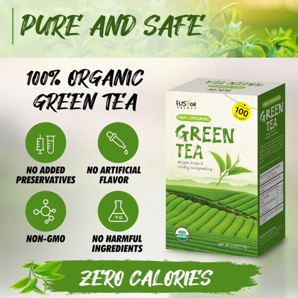 Fusion Select 200 Counts Organic Green Tea - Fresh Herbal Drink with Mild & Bright Flavor - Easy to Brew - Relaxing Tea Beverages with Antioxidant Support - Individually Wrapped Tea Bags