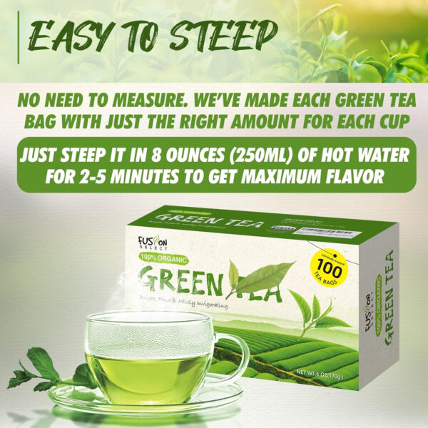 Fusion Select 200 Counts Organic Green Tea - Fresh Herbal Drink with Mild & Bright Flavor - Easy to Brew - Relaxing Tea Beverages with Antioxidant Support - Individually Wrapped Tea Bags