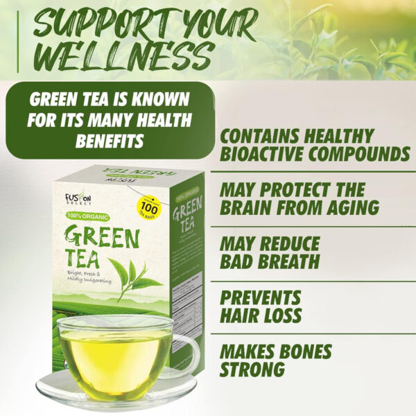 Fusion Select 200 Counts Organic Green Tea - Fresh Herbal Drink with Mild & Bright Flavor - Easy to Brew - Relaxing Tea Beverages with Antioxidant Support - Individually Wrapped Tea Bags