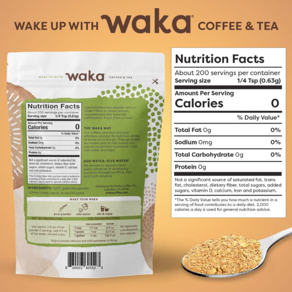 689382427a7d8e7f3f51a115e2f9d84a0768f597124dff0bb22d3.jpg Waka Instant Green Tea Mix, Classic - 100% Tea Leaves, No Additives, Unsweetened Tea Powder for 50 Quarts or 200 Cups – Easy Quick Hot and Iced Teas (4.5oz)