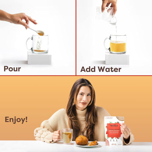 68938252a165c2d6dd0b161288b995faec47cdc9d9b36045807b2.jpg Waka Instant Green Tea Mix, Classic - 100% Tea Leaves, No Additives, Unsweetened Tea Powder for 50 Quarts or 200 Cups – Easy Quick Hot and Iced Teas (4.5oz)