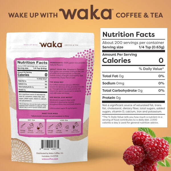 6893825f376fa070ae265fd648207cb1a86550d1b74ee2d0180ff.jpg Waka Instant Green Tea Mix, Classic - 100% Tea Leaves, No Additives, Unsweetened Tea Powder for 50 Quarts or 200 Cups – Easy Quick Hot and Iced Teas (4.5oz)