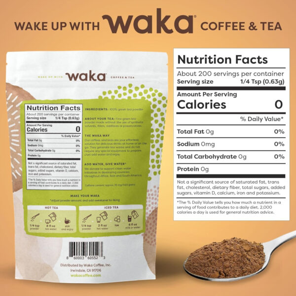 6893827d4a4b36218c8ea62738c0a4cdf20b72ba3fbe361546fbb.jpg Waka Instant Green Tea Mix, Classic - 100% Tea Leaves, No Additives, Unsweetened Tea Powder for 50 Quarts or 200 Cups – Easy Quick Hot and Iced Teas (4.5oz)