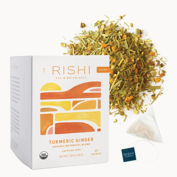 689382b5eaa18029bbfb66bfb407647bba190990761c654e9b952.jpg Rishi Tea Turmeric Ginger Herbal Tea - Organic Sachet Bags, Caffeine Free Ayurvedic Digestive Blend with Spicy Ginger & Citrus - 15 Count (Pack of 1)