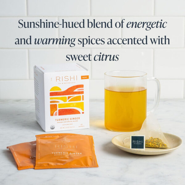 689382ba161f1abcfabb8bd4a21f184690e4e1568ccf6b9dc5817.jpg Rishi Tea Turmeric Ginger Herbal Tea - Organic Sachet Bags, Caffeine Free Ayurvedic Digestive Blend with Spicy Ginger & Citrus - 15 Count (Pack of 1)