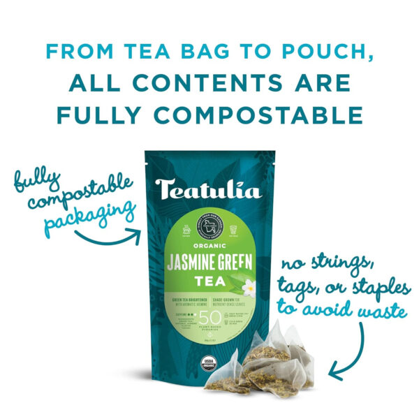 Teatulia Organic Jasmine Green Tea Bags (50 Pyramid Sachet Teabags) Whole Leaf Natural Green Tea Infused With Jasmine Flower In Bags. Premium 100% Compostable and Sustainably Grown In Bangladesh