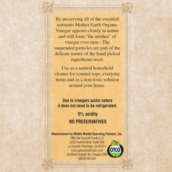 689387aeb48012c7b31cbc77f8f9c2604f40707c069dc1f0e6300.jpg Mother Earth, Organic Apple Cider Vinegar with The Mother, Half Gallon, Fresh Pressed Organic Apples, OACV, ACV, Raw, Unpasteurized, Unfiltered (1/64oz Bottle)